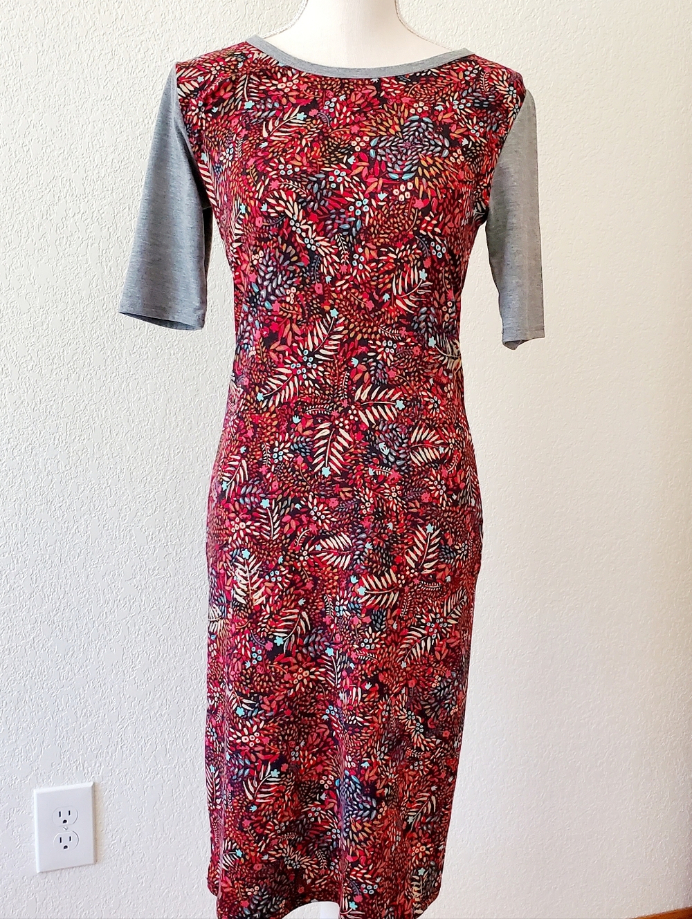 LuLaRoe Red Floral Midi Dress with Gray Sleeves